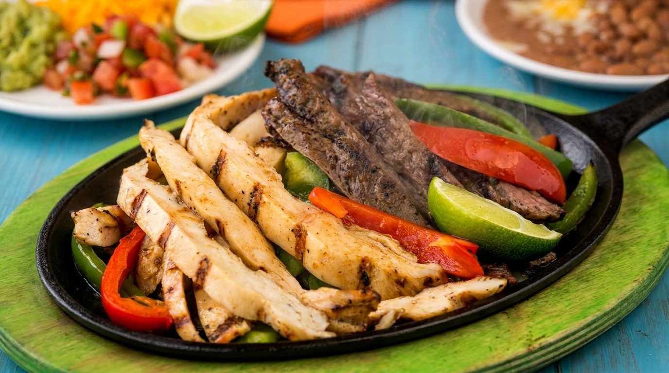 Sizzling chicken and steak fajitas with bell peppers and lime, served with sides of guacamole and beans.