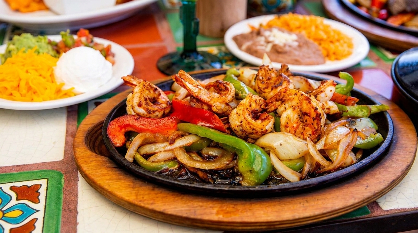 Sizzling shrimp fajitas with bell peppers and onions, served with sides of rice, beans, guacamole, and sour cream.