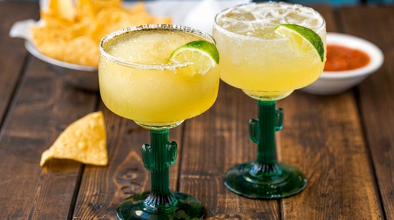 Two margaritas in cactus-stemmed glasses with lime wedges, chips, and salsa on a wooden table.