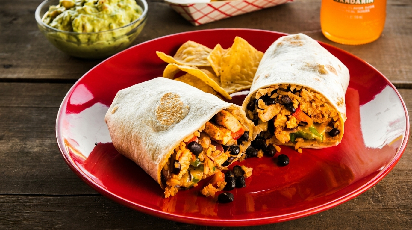 Two chicken and black bean burritos with tortilla chips and guacamole on a red plate.