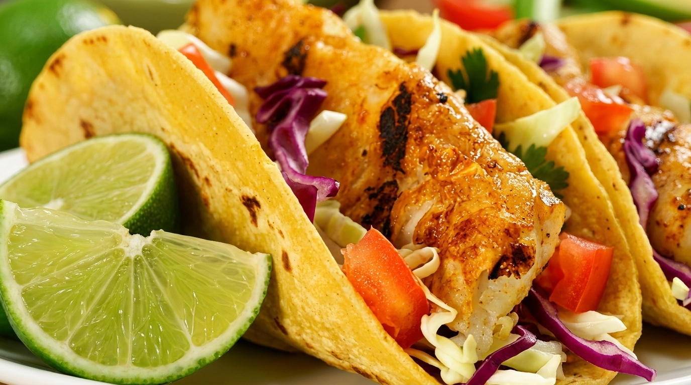 Grilled fish tacos with shredded cabbage, diced tomatoes, and lime wedges on a white plate.