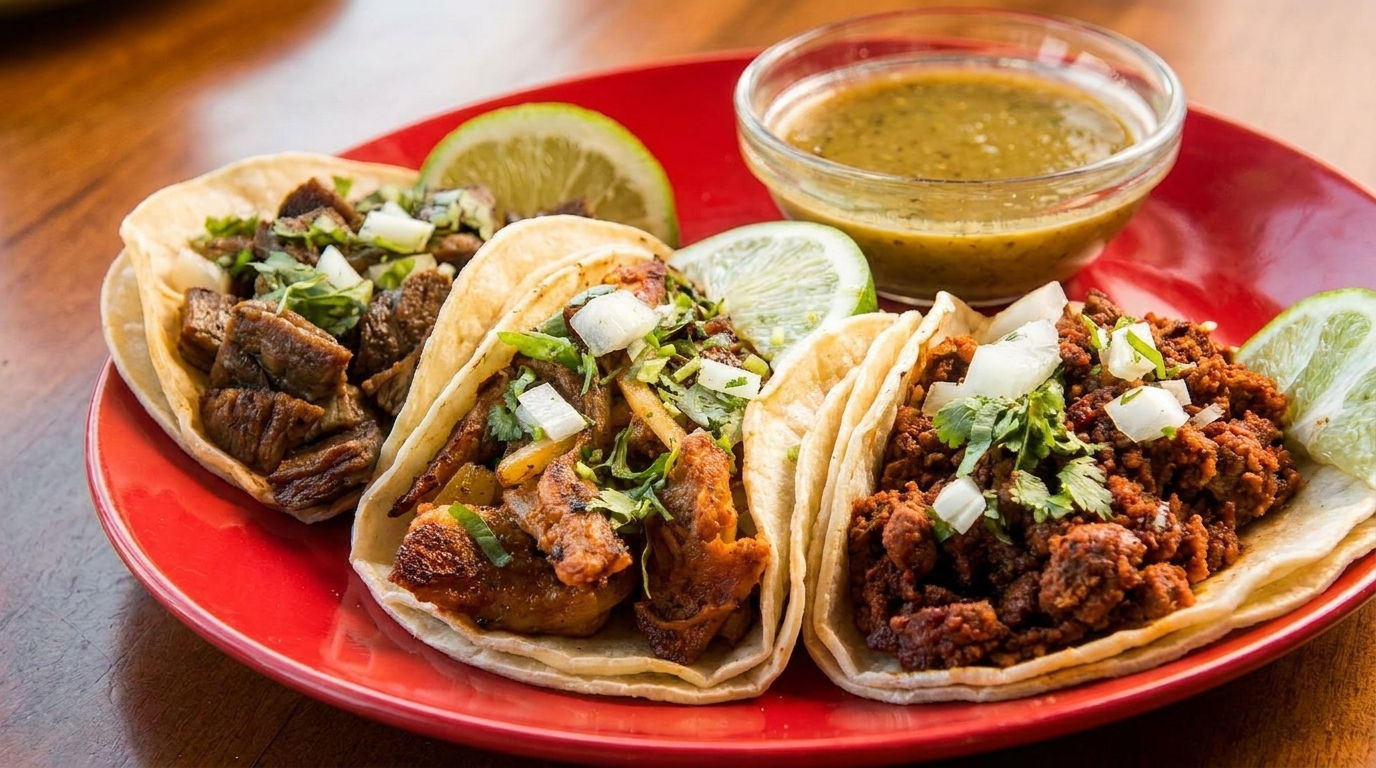 Three street tacos with various fillings, cilantro, onions, lime wedges, and salsa on a red plate.
