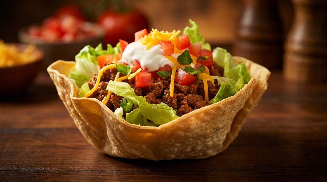 Taco salad in a crispy tortilla bowl with ground beef, lettuce, cheese, tomatoes, and sour cream.