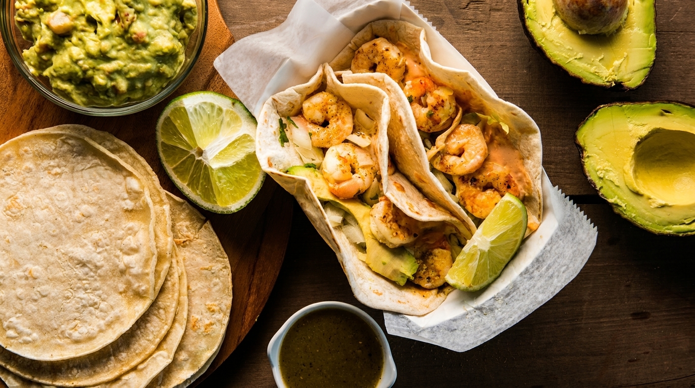 Shrimp tacos with avocado, lime, guacamole, tortillas, and salsa verde on a wooden table.