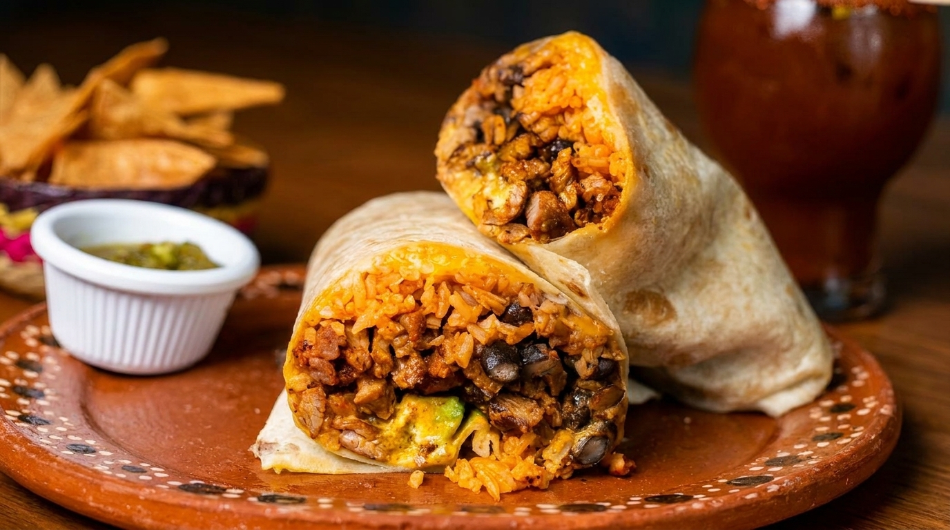 Two burritos filled with rice, beans, meat, and avocado, served with salsa and chips.