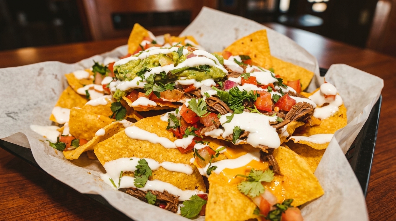 A basket of loaded nachos with shredded beef, guacamole, pico de gallo, and sour cream.