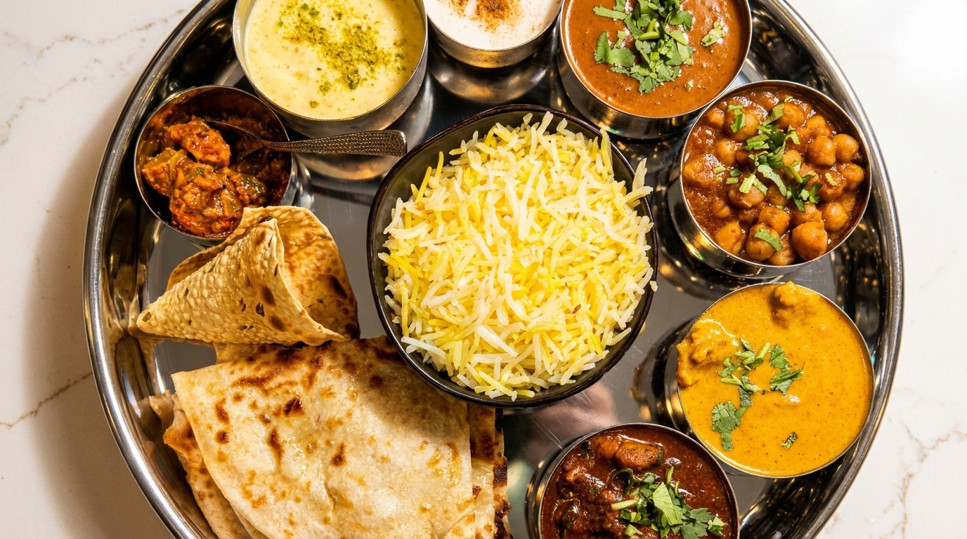 A thali platter with various Indian dishes including rice, curries, flatbreads, and desserts.