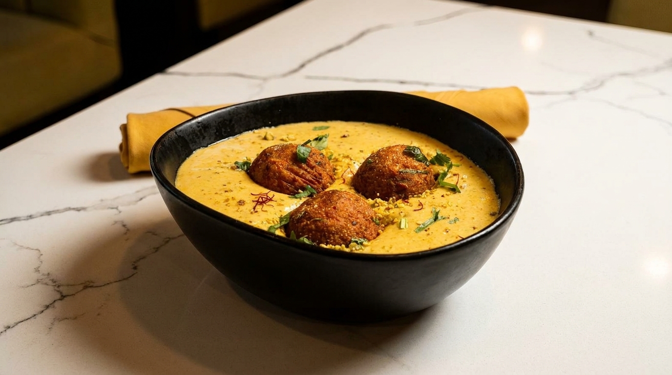 Three kofta balls in a creamy yellow sauce, garnished with herbs and saffron, on a white marble table.