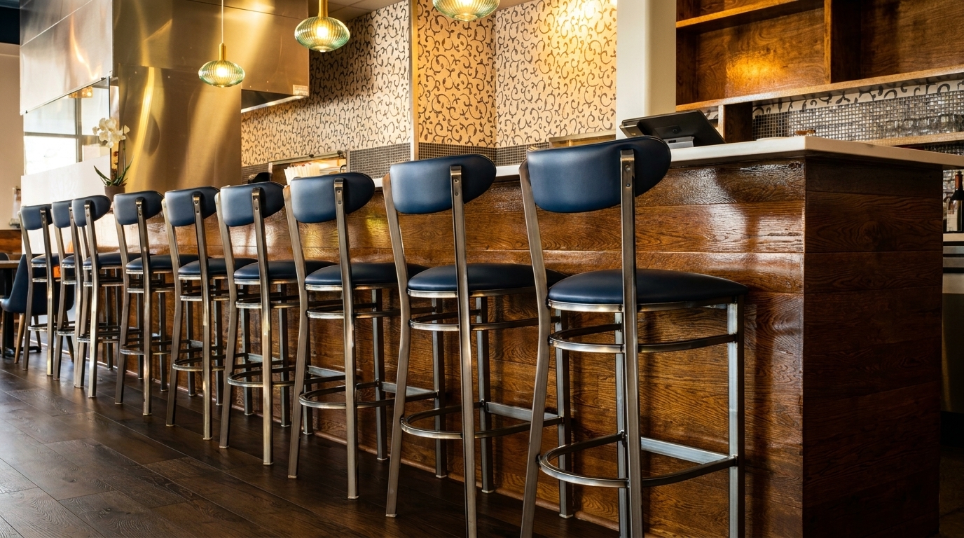 A row of blue bar stools with metal frames lines a wooden bar in a restaurant.