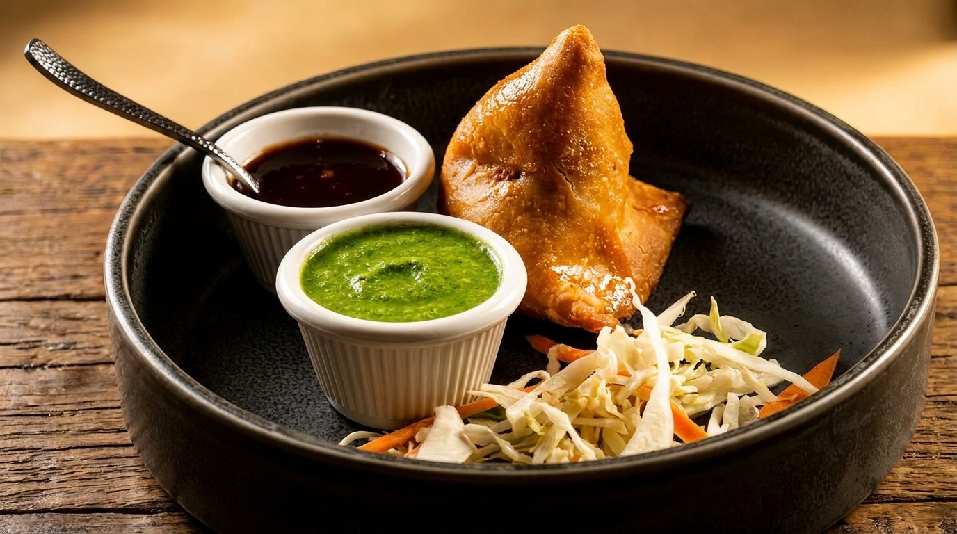 Golden-brown samosa with green chutney, dark sauce, and shredded cabbage on a dark plate.