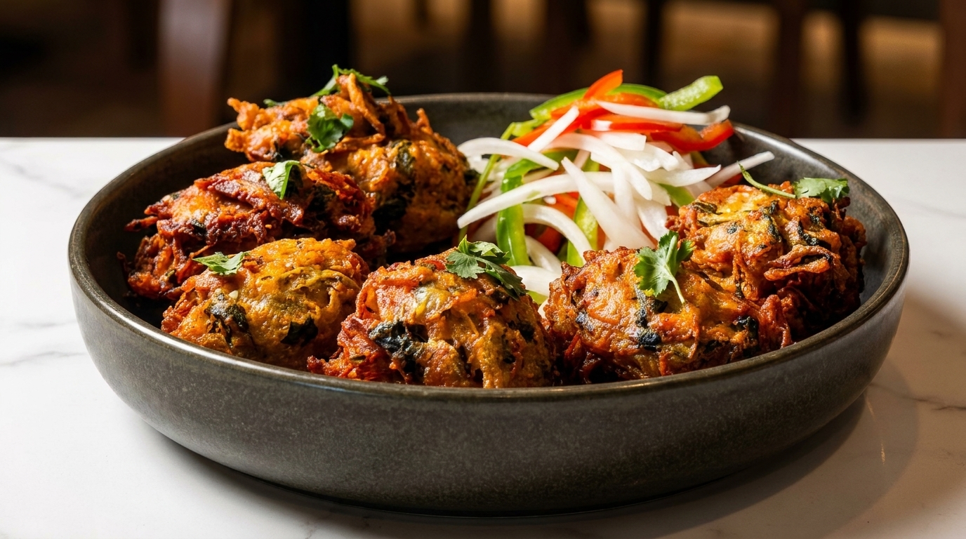 A dark bowl filled with golden-brown pakoras, garnished with cilantro and a side of sliced onions and peppers.