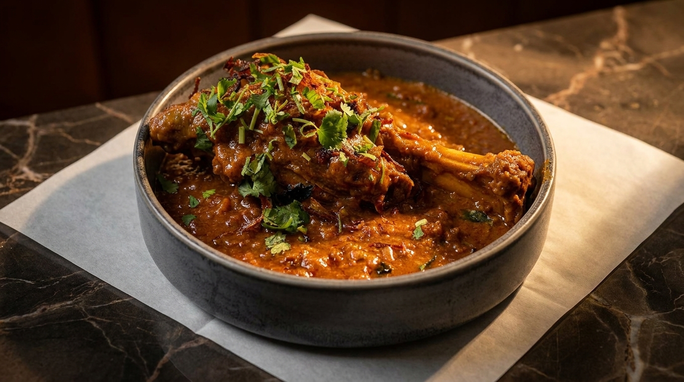 Close-up of a lamb shank curry in a dark bowl, garnished with fresh cilantro and fried onions.