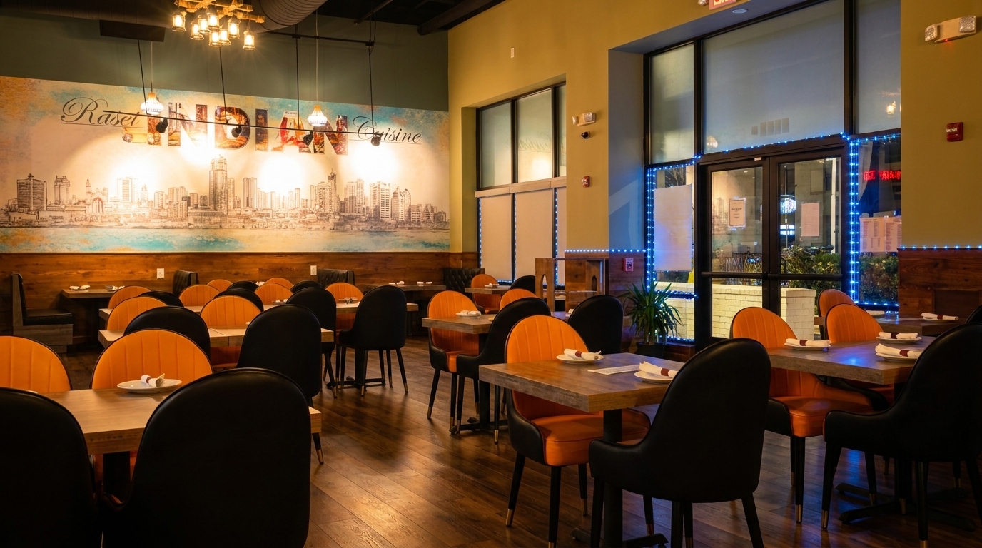 A modern Indian restaurant interior with orange and black chairs, wooden tables, and a cityscape mural.