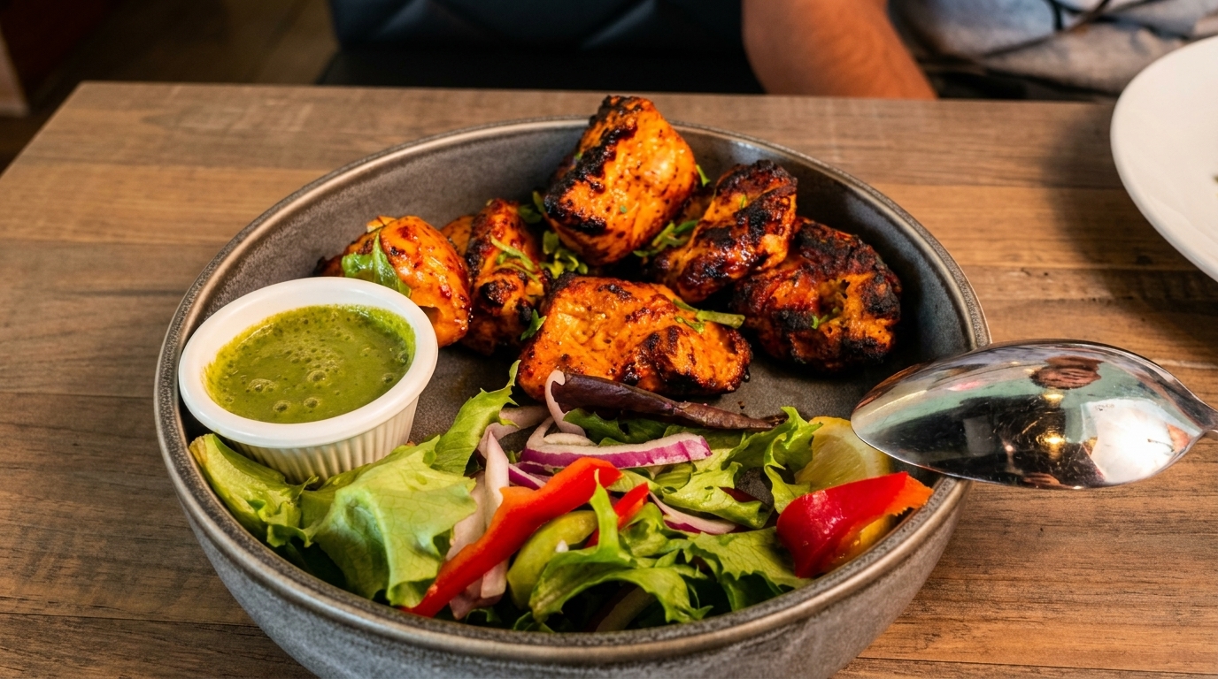 Grilled chicken tikka with green chutney and a fresh salad on a rustic wooden table.