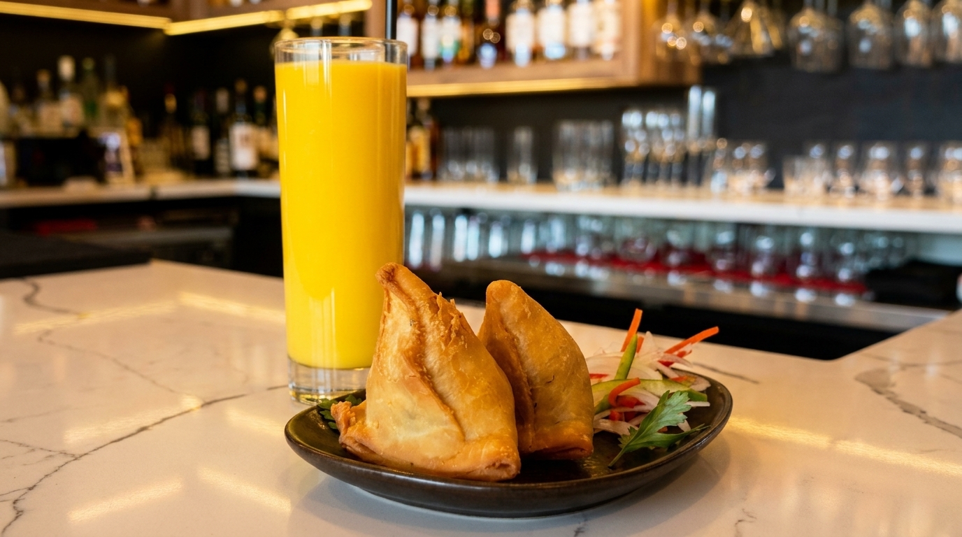 Two golden samosas and a tall glass of orange juice on a bar counter.