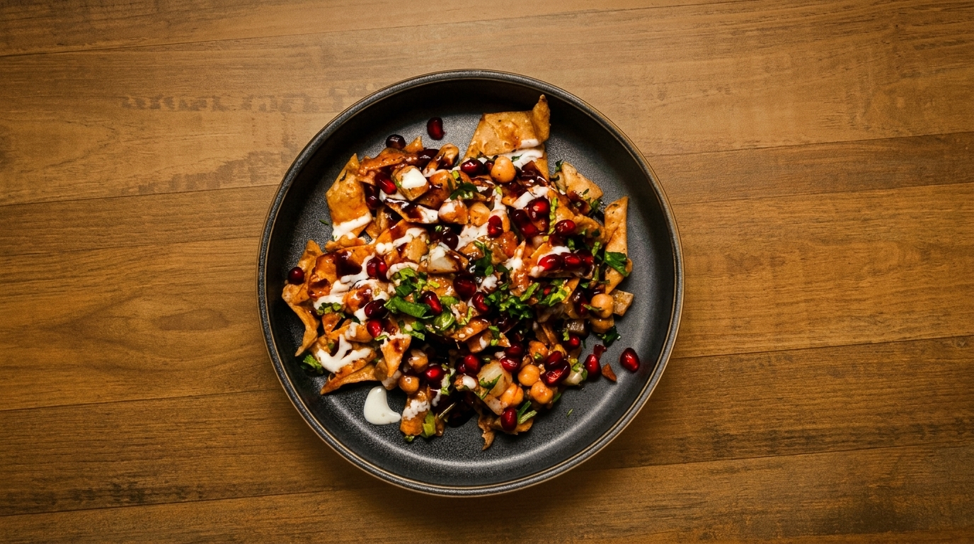 A black plate of Indian chaat with chickpeas, pomegranate, yogurt, and chutney on a wooden table.