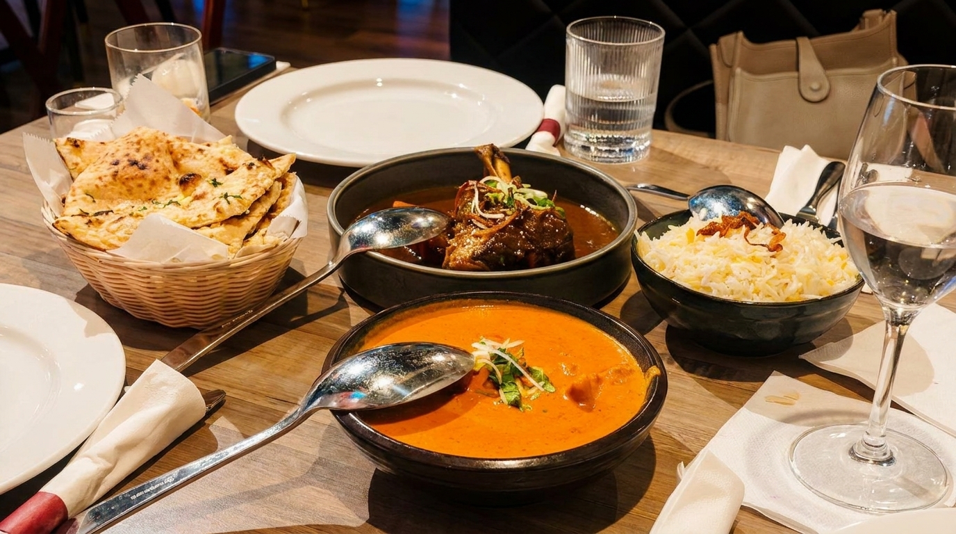 A table laden with Indian dishes: naan, lamb shank, butter chicken, and rice, with drinks.