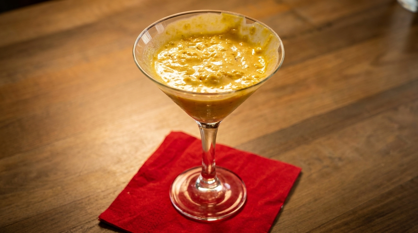 A martini glass filled with a thick, yellow, chunky drink sits on a red napkin.