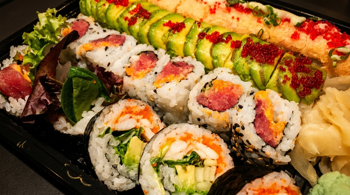 Assorted sushi rolls in a black tray, including tuna, avocado, and roe-topped varieties.