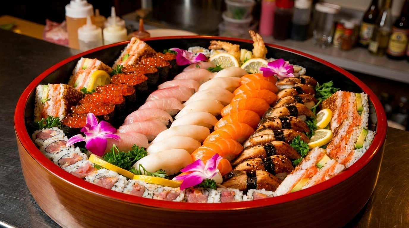 A large wooden platter filled with various sushi, sashimi, and rolls, garnished with orchids and lemons.