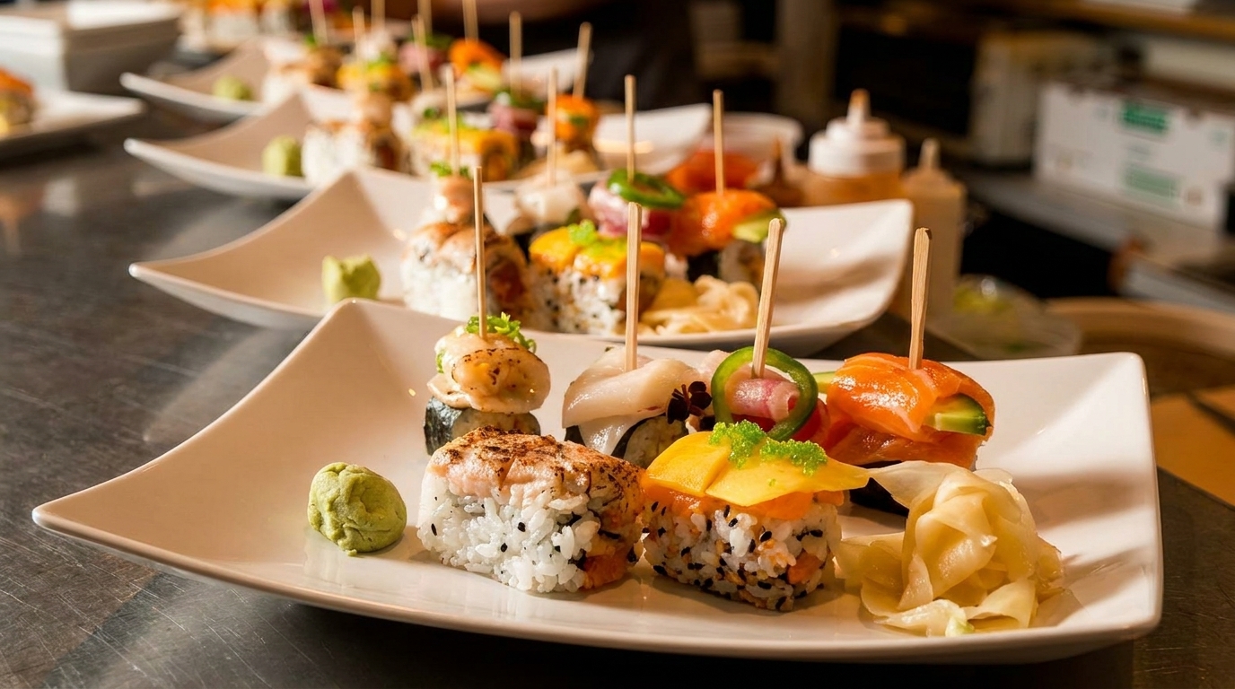 Multiple plates of assorted sushi rolls and appetizers with toothpicks, wasabi, and ginger.