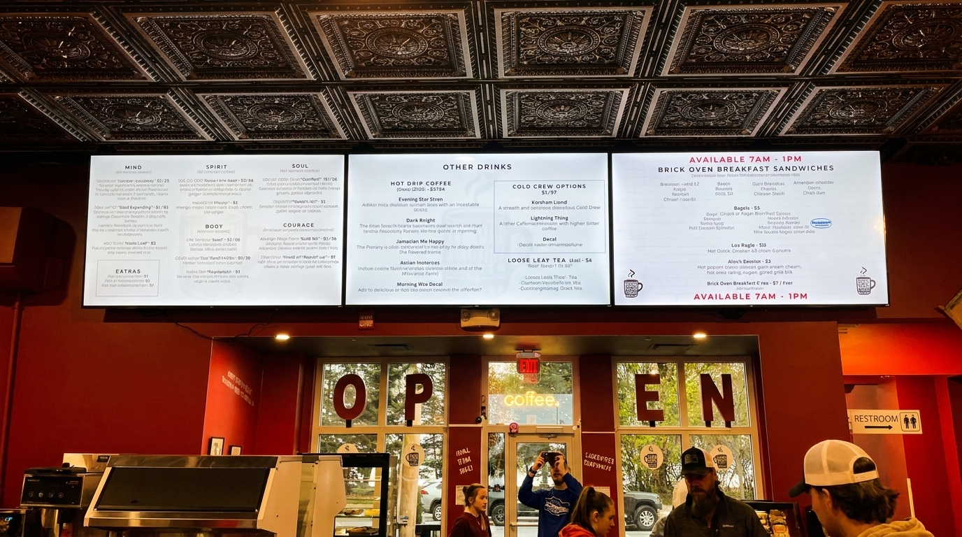 Three illuminated menu boards display coffee, breakfast sandwiches, and other items above a counter.