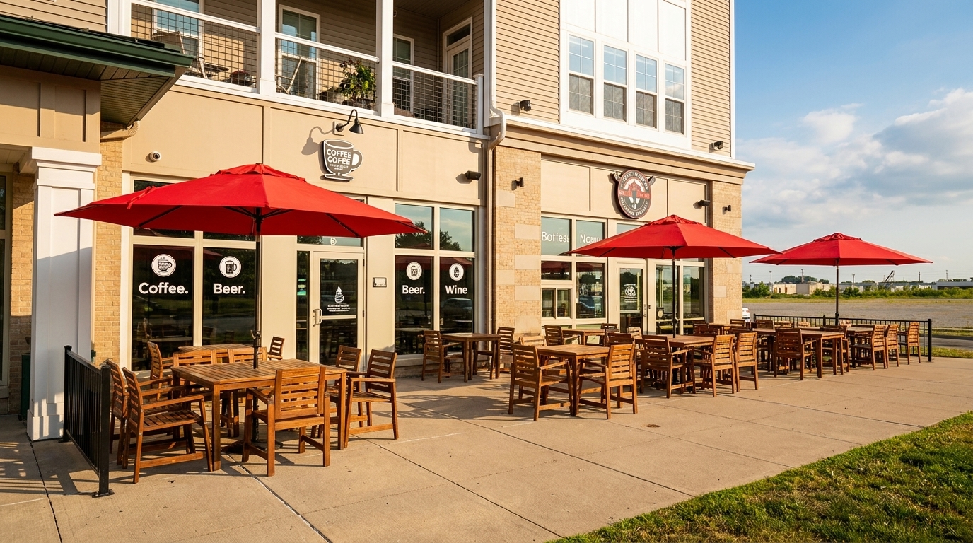 Outdoor patio of a coffee shop with wooden tables, chairs, and red umbrellas under a blue sky.