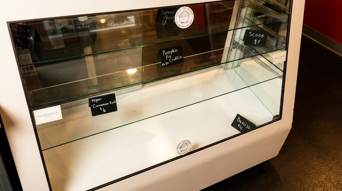 An empty bakery display case with price tags for various pastries like vegan cinnamon rolls and pumpkin pie cruffins.
