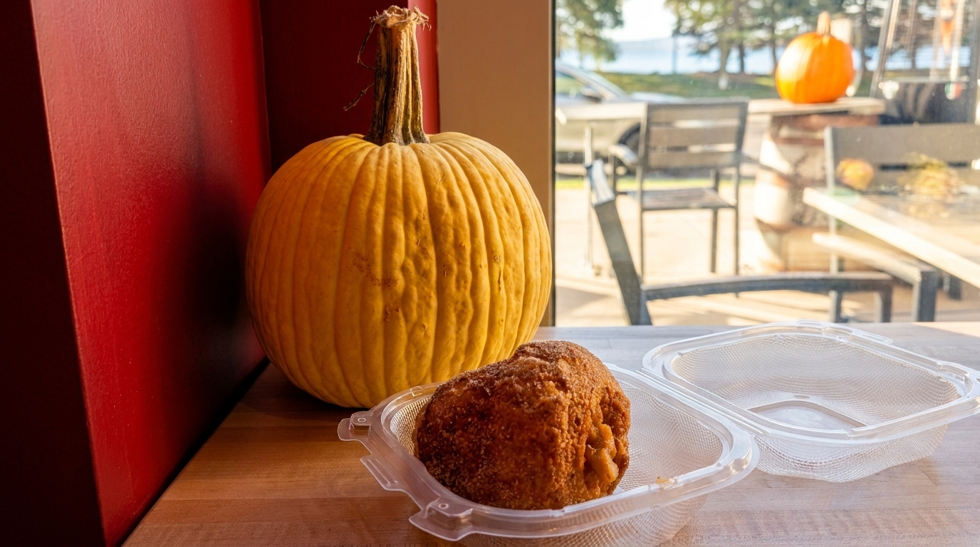 A pumpkin and a cinnamon sugar pastry in a to-go container on a wooden table by a window.