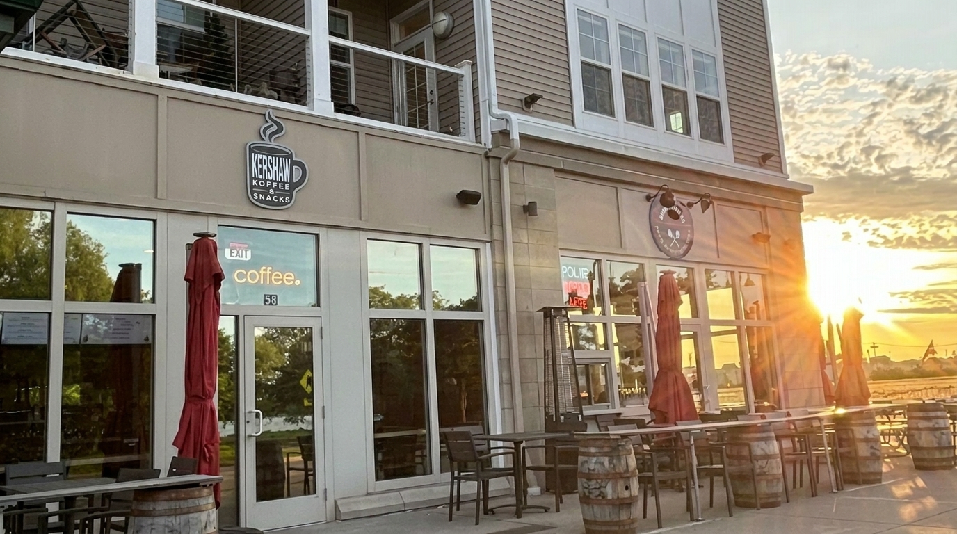 Exterior of Kershaw Koffee & Snacks with outdoor seating and a bright sunset in the background.