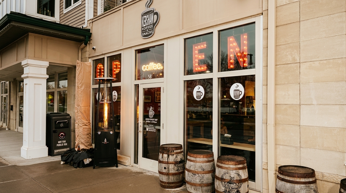 Kershaw Koffee & Snacks storefront with "OPEN" in marquee lights, a patio heater, and decorative barrels.