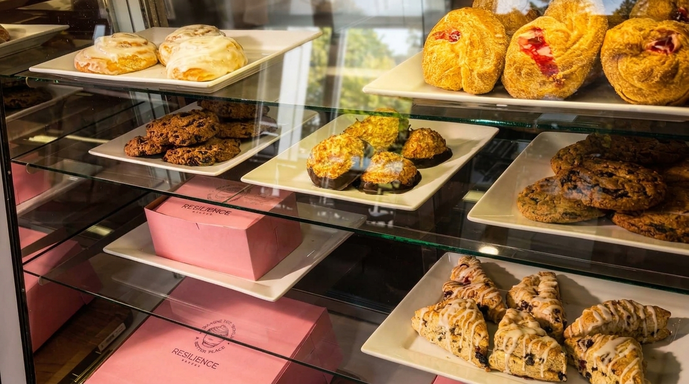 A glass display case filled with various pastries, cookies, and pink Resilience Bakery boxes.