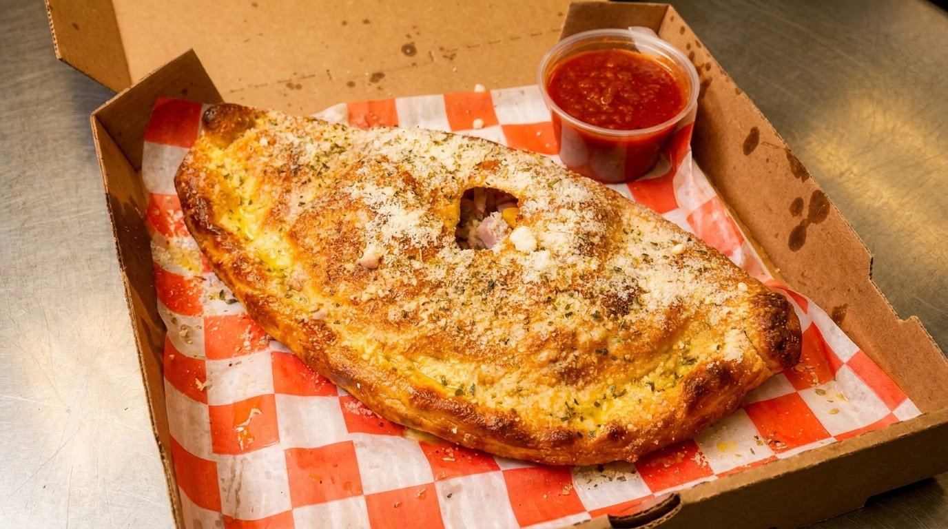 Golden-brown calzone with parmesan and herbs, served with a side of marinara sauce in a takeout box.