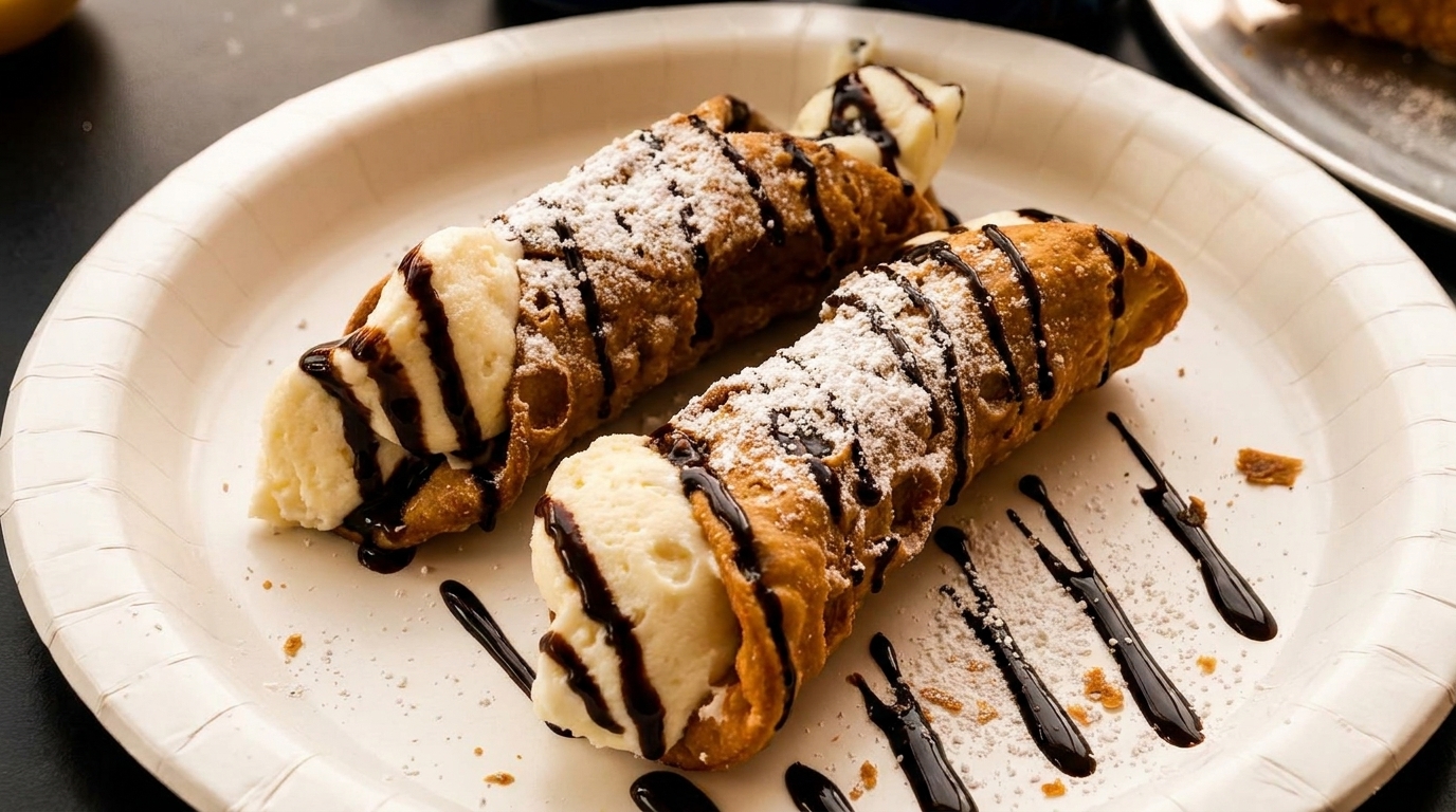 Two cannolis filled with cream, drizzled with chocolate, and dusted with powdered sugar on a white plate.