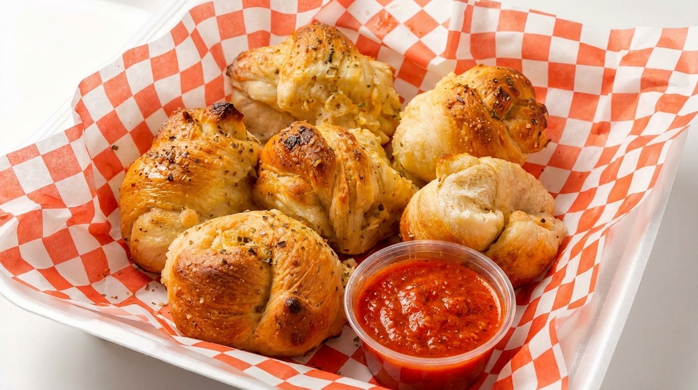 Garlic knots with herbs and parmesan cheese, served with a side of marinara sauce in a red checkered basket.