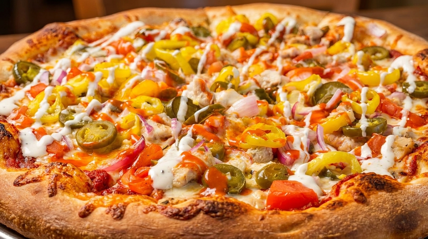 Close-up of a pizza with chicken, jalapeños, banana peppers, red onions, and a drizzle of ranch.
