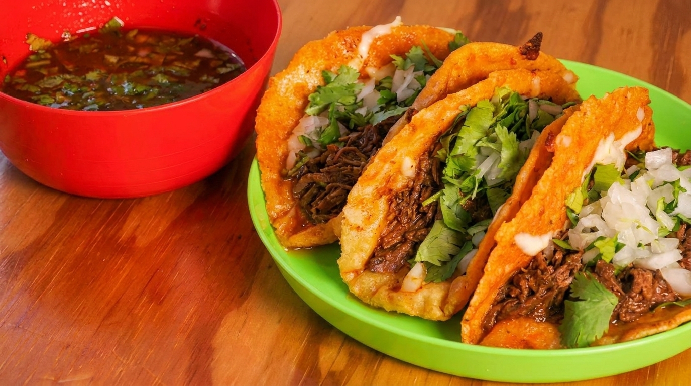 Three birria tacos with cilantro and onions on a green plate, with a red bowl of consommé.