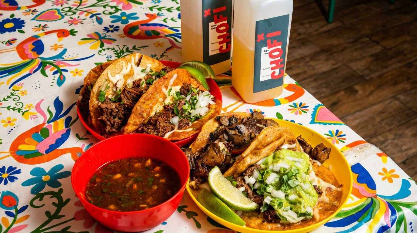 Two plates of tacos, a bowl of soup, and two bottles of Chofi drinks on a colorful tablecloth.