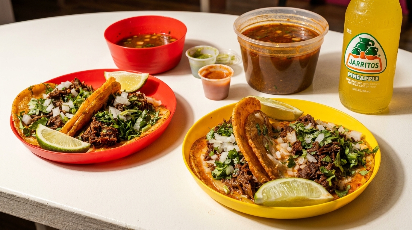 Two plates of birria tacos with lime wedges, consommé, sauces, and a pineapple Jarritos.