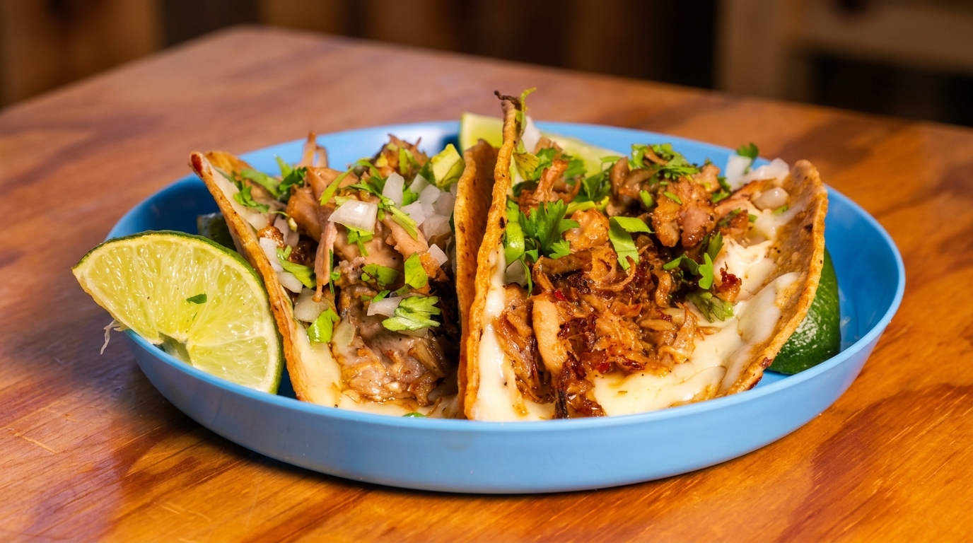 Two delicious tacos with meat, onions, cilantro, and melted cheese, served with lime wedges.