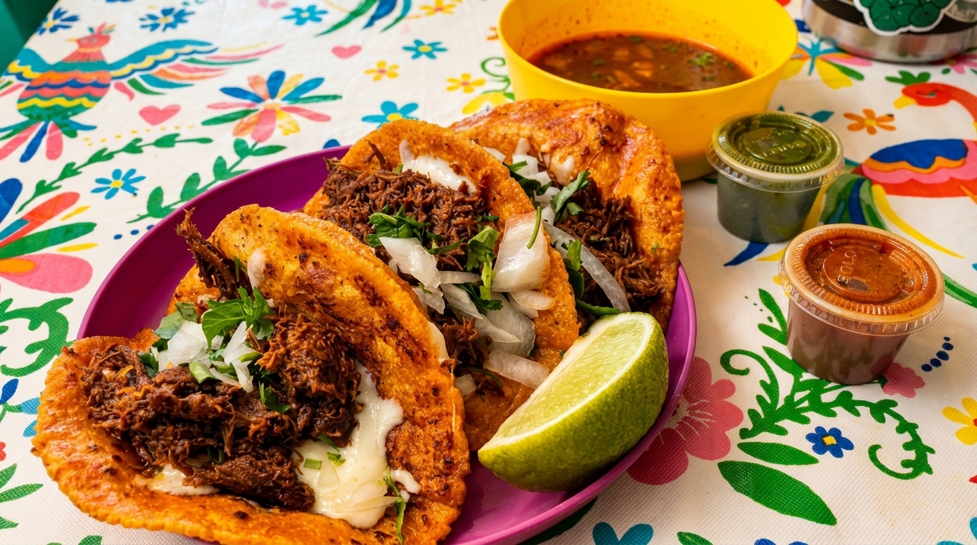 Three birria tacos with melted cheese, onions, cilantro, lime, and dipping sauce on a colorful tablecloth.