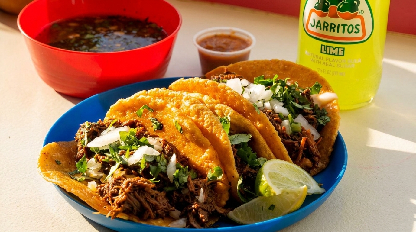 Three birria tacos with cilantro, onions, lime, consommé, salsa, and a Jarritos soda.