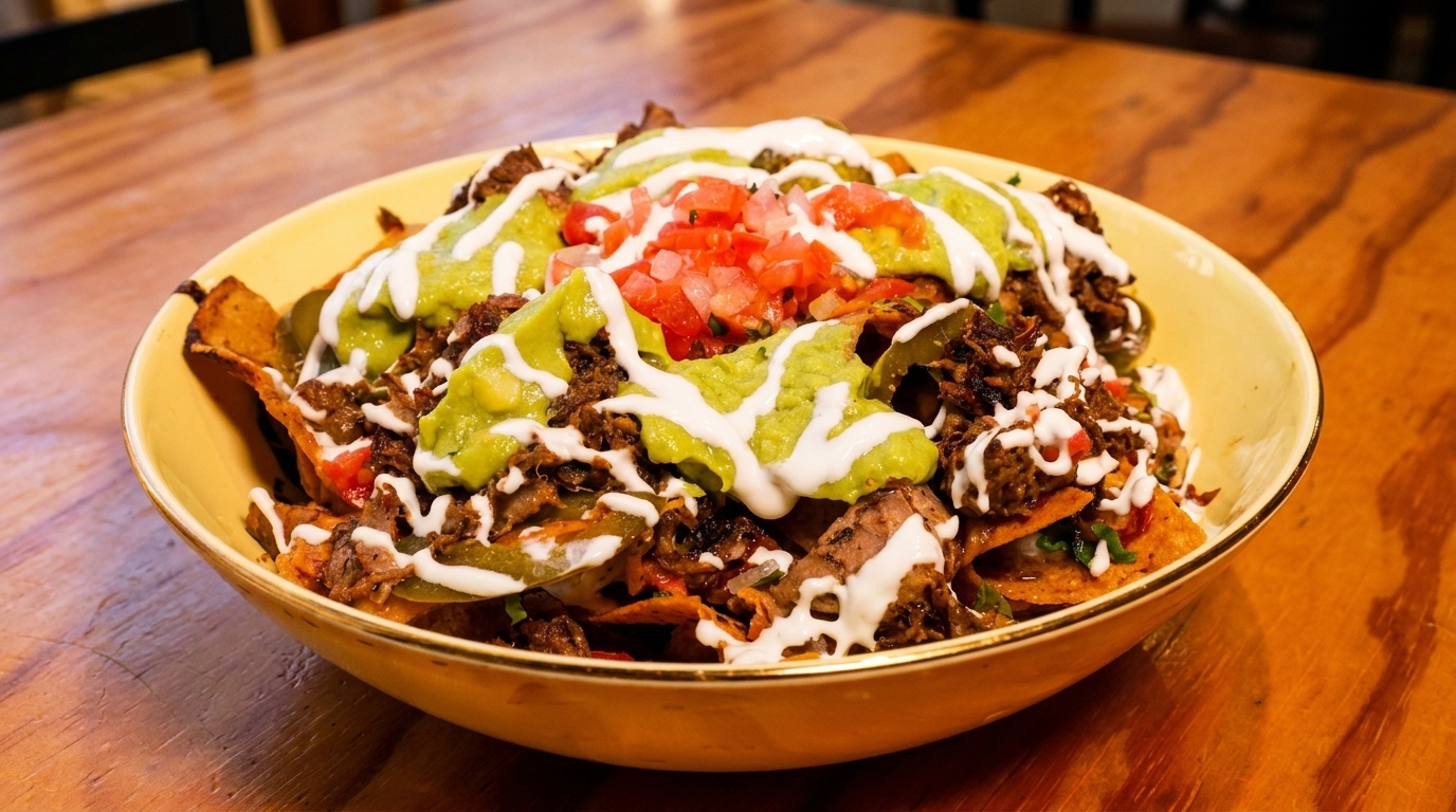 A yellow bowl of loaded nachos with shredded meat, guacamole, pico de gallo, and sour cream.