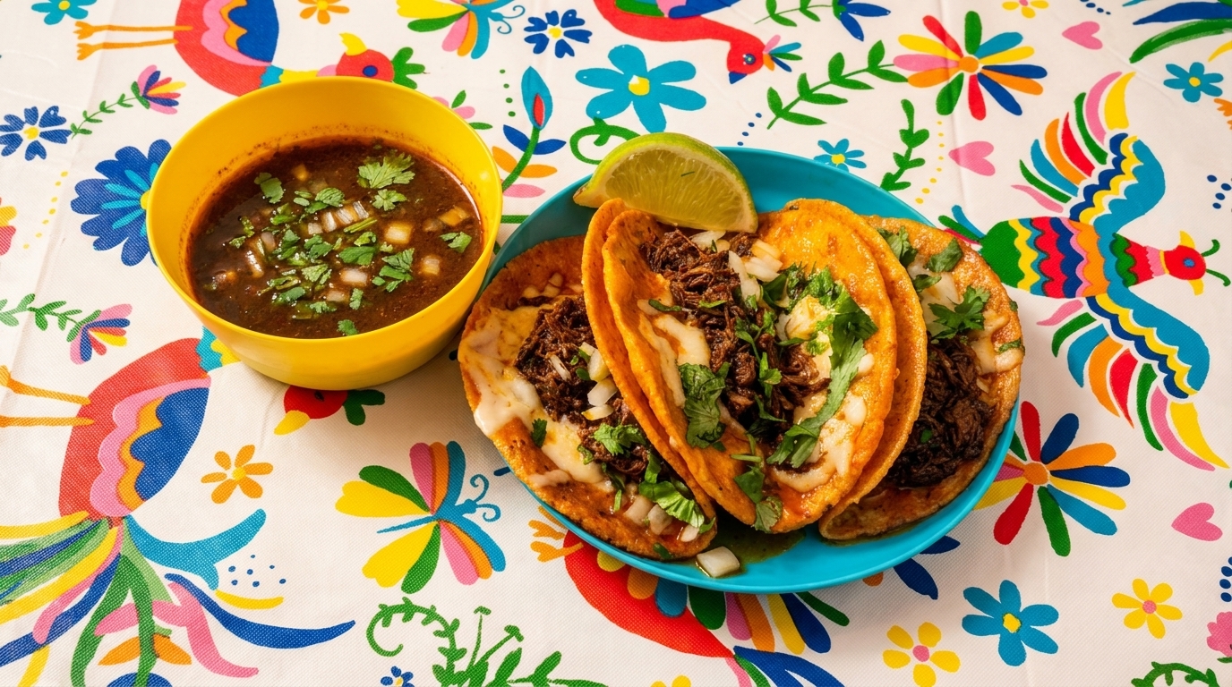 Birria tacos with melted cheese, cilantro, and onions, served with a side of consommé and lime.