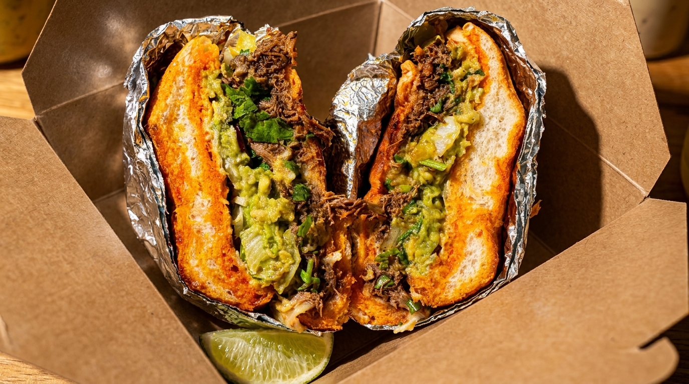 A large, cut-in-half torta sandwich filled with meat and guacamole, in a cardboard box.