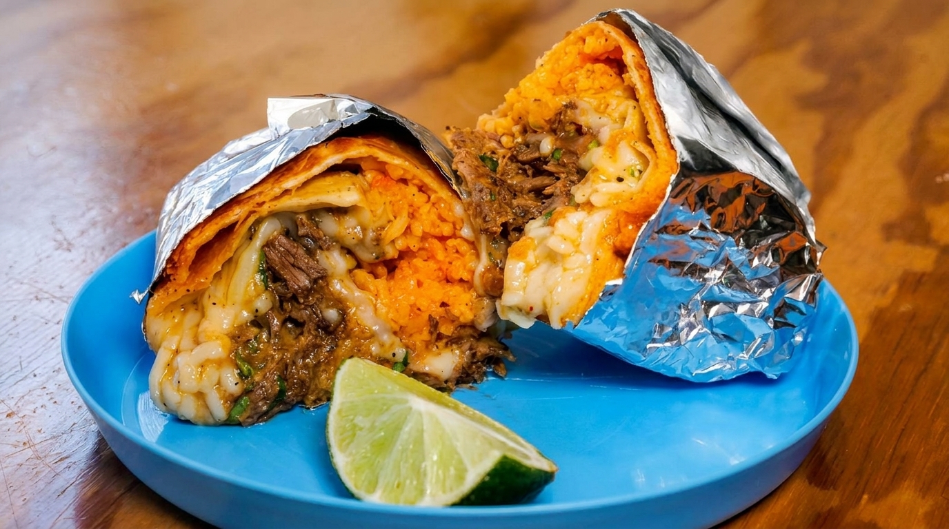 A large burrito, cut in half, revealing meat, cheese, and orange rice, with a lime wedge.
