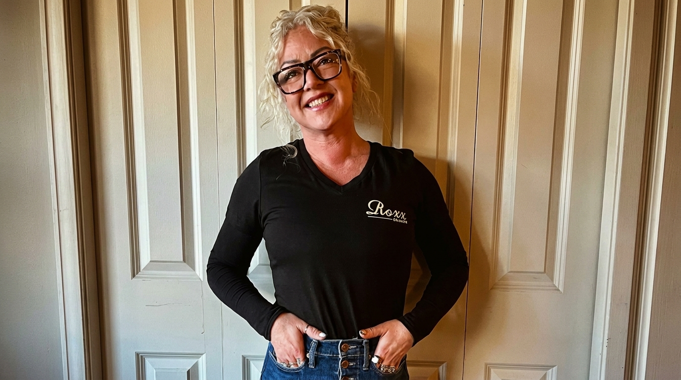 Smiling woman with curly blonde hair and glasses wearing a black Roxx Chophouse shirt and jeans.
