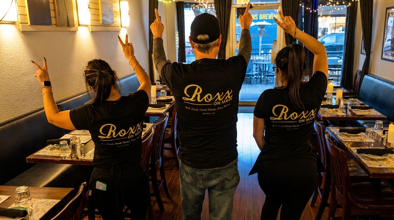 Three Roxx on Main staff members, seen from behind, pose with arms raised in the restaurant.
