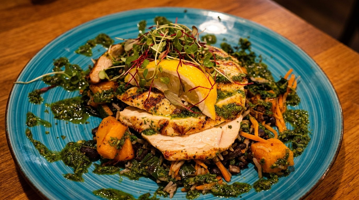 Grilled chicken with pesto, lemon, microgreens, butternut squash, and rice on a blue plate.