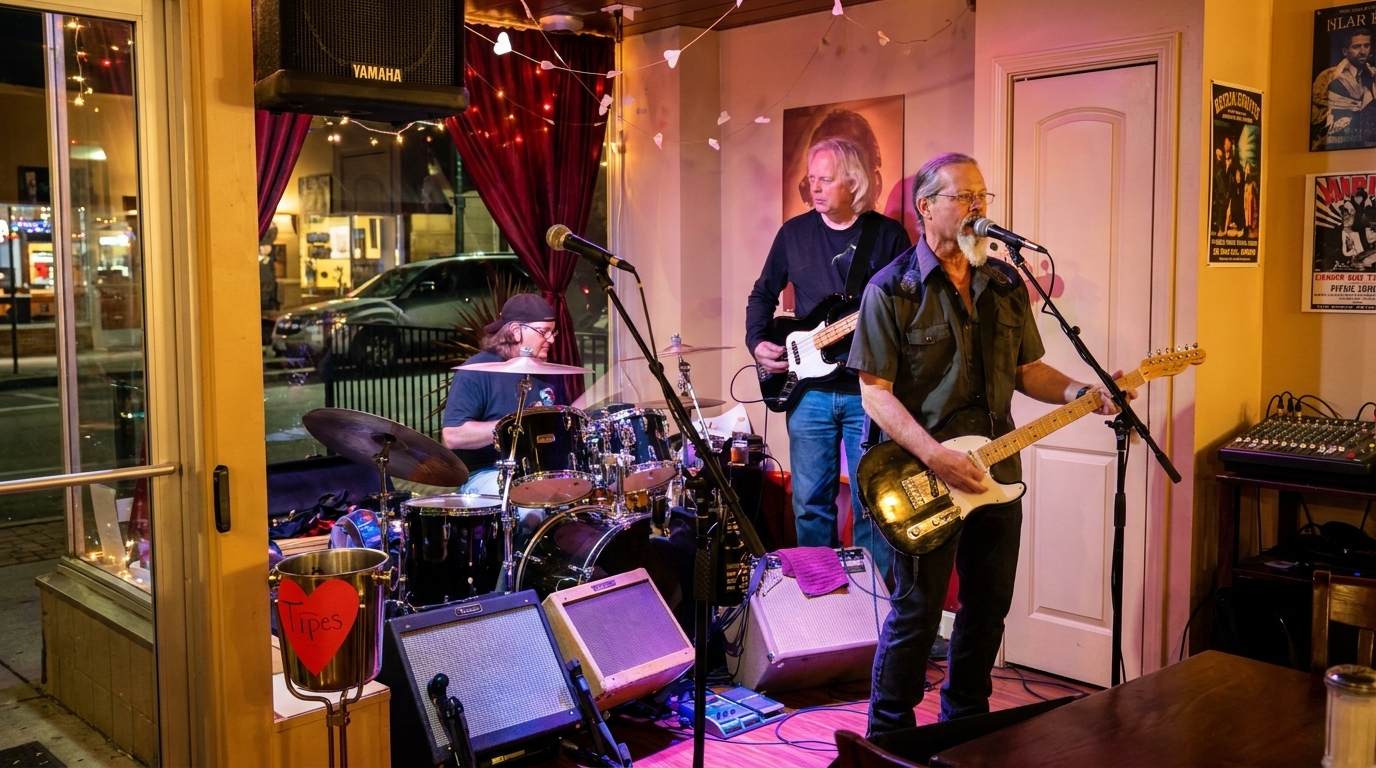 A band performs live music inside a restaurant with a drummer, bassist, and guitarist singer.